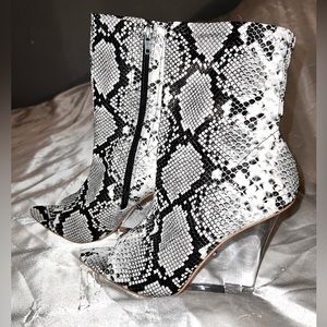 Clear wedge heel bootie snake print